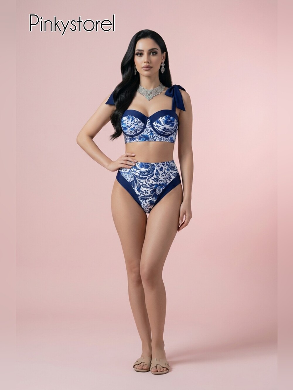 Navy Blue Floral High-Waist Bikini Set